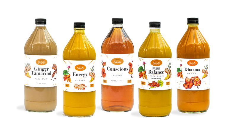 Five bottles of Jamu in one litre size. All time favorite herbal drinks or Jamu made in Indonesia. Jamu Satu Liter.